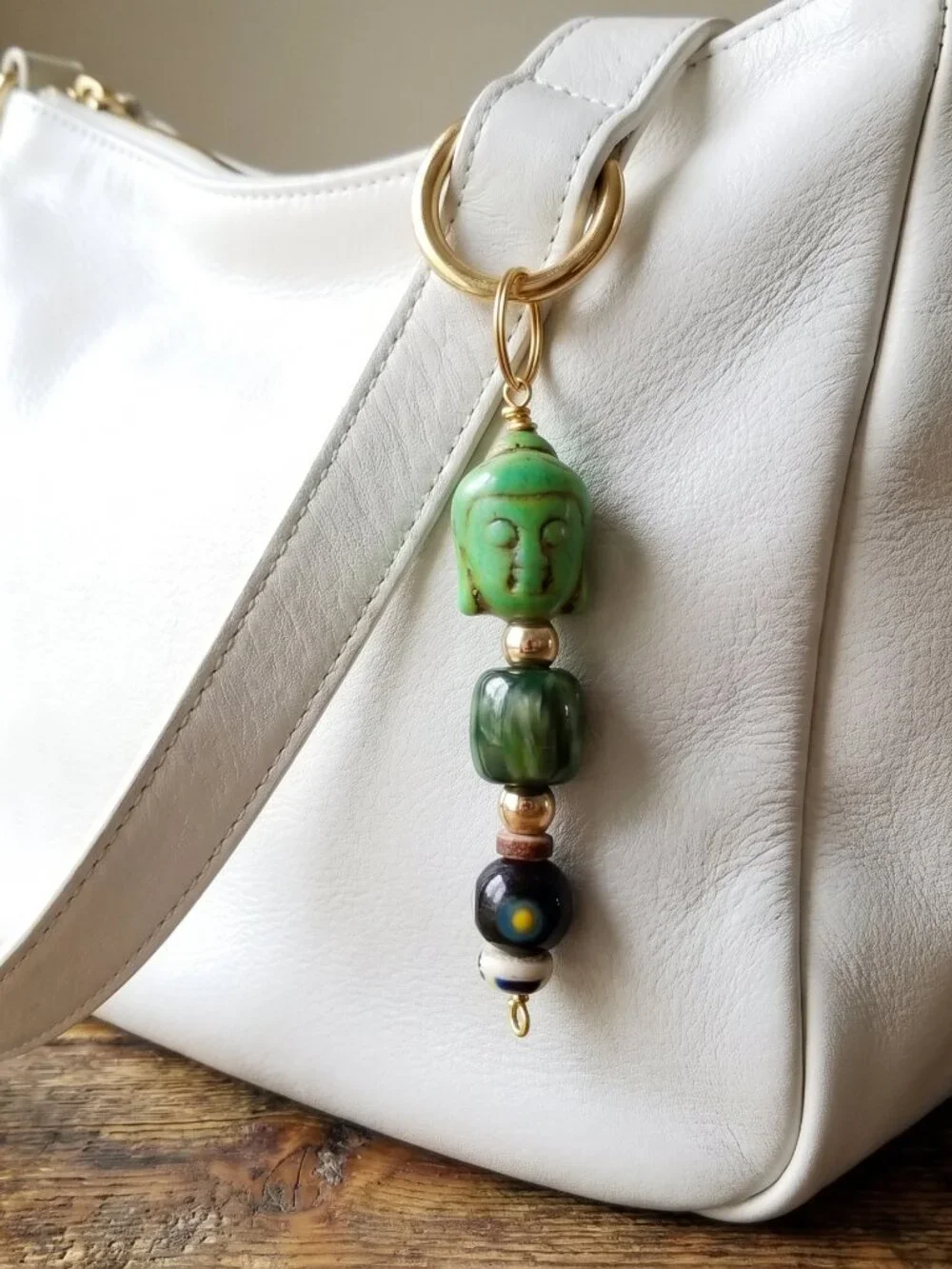 Handmade Green Buddha Bead Keychains, Mindful Accessories, Boho Purse Charms